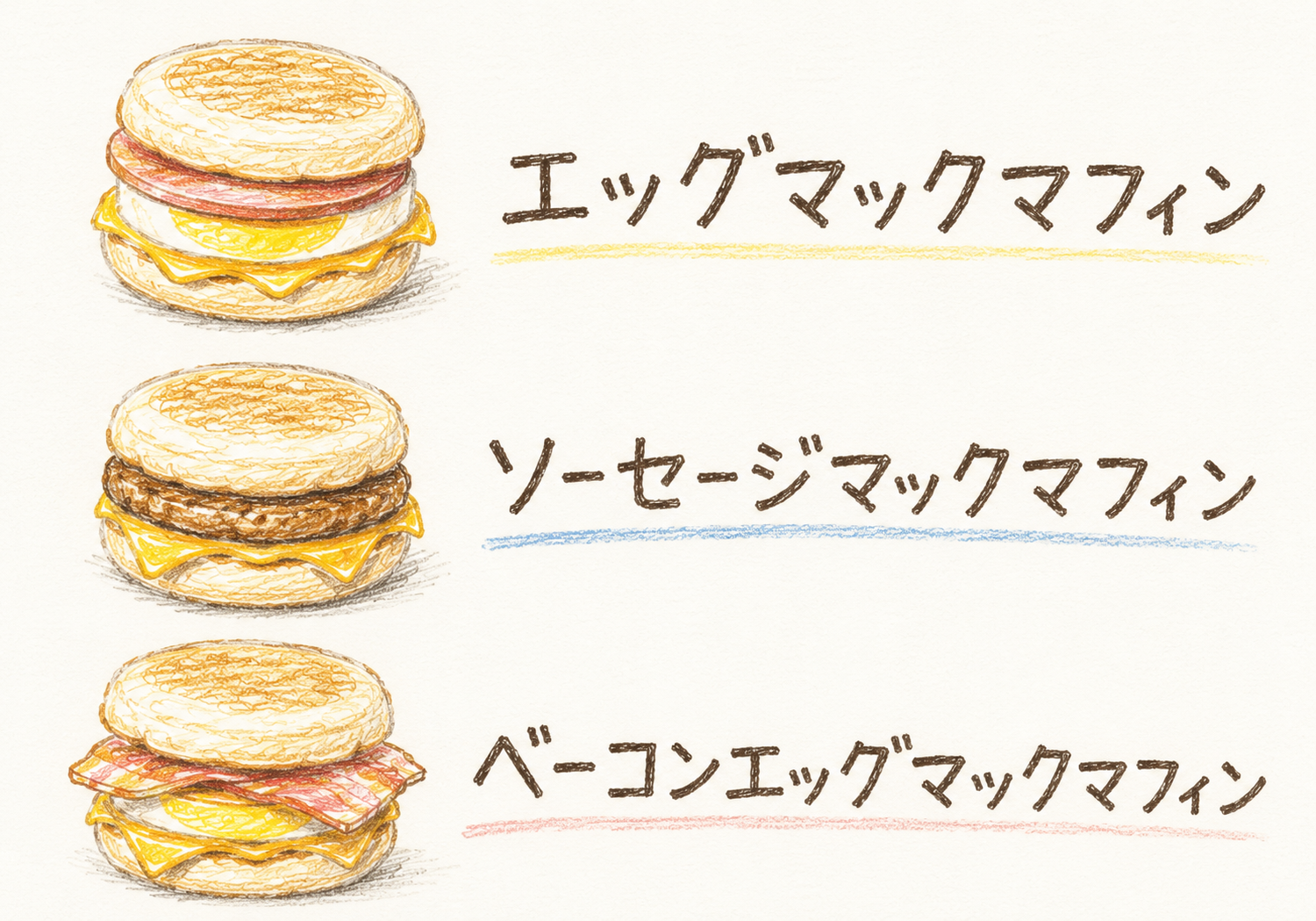 朝マックのメニューの色鉛筆のイラスト