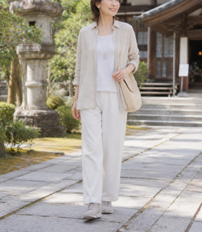 秋の京都60代の女性のコーディネート