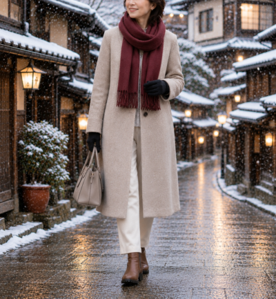 冬の京都60代の女性のコーディネート